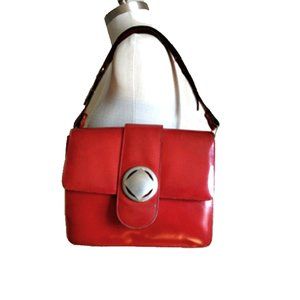 Vtg 60s Leather Accordion Medallion Shoulder Bag